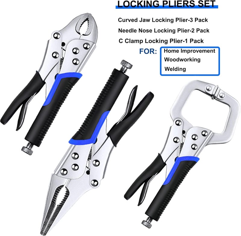 ACOSEA كماشة فايز، مجموعة 6 قطع كماشة فايز 5"/7"/10" كماشة قفل الفك المنحني، مجموعة كماشات أنف إبرة 6-1/2" و 9-1/2" و كماشة C 6" للحام، النجارة، العمل بالمعادن - Image 5